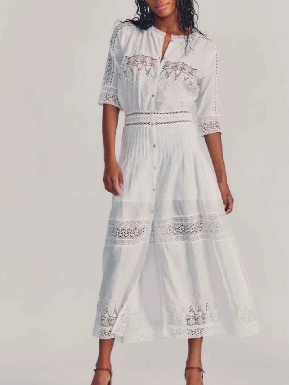 LoveShackFancy White Lace-Trim Midi Dress